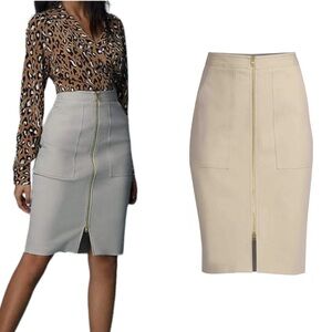 Diane Von Furstenberg Khaki Stretch Patch Pocket Zip Front Midi Pencil Skirt   4